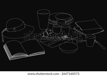 Black and white illustration of a table setting with a hat, glasses, plates, and cutlery arranged neatly. A book adds a literary touch to the composition.