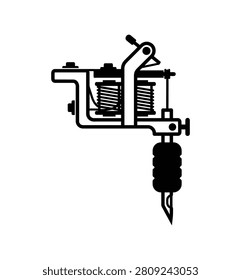 A black and white illustration of a tattoo machine with a visible coil and needle.   