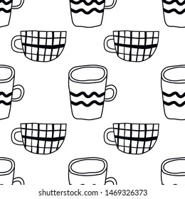 Black and white illustration of tea or coffee mugs. Seamless pattern for coloring book or page.