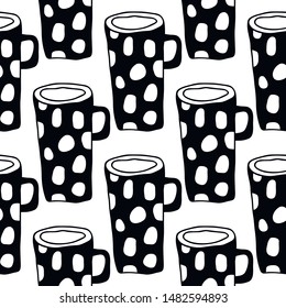 Black and white illustration of tea or coffee mugs. Seamless pattern for coloring book or page.