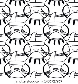 Black and white illustration of tea or coffee mugs. Seamless pattern for coloring book or page.