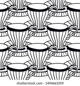 Black and white illustration of tea or coffee mugs. Seamless pattern for coloring book or page.
