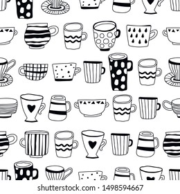 Black and white illustration of tea or coffee mugs. Seamless pattern for coloring book or page.