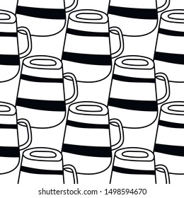 Black and white illustration of tea or coffee mugs. Seamless pattern for coloring book or page.