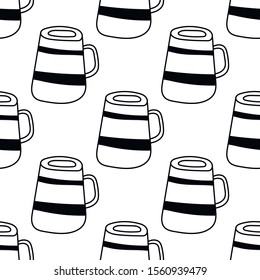 Black and white illustration of tea or coffee mugs. Seamless pattern for coloring book or page.