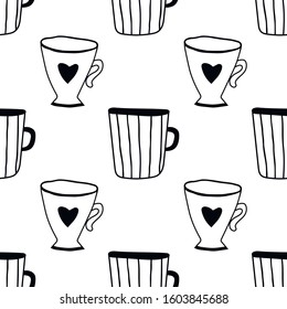 Black and white illustration of tea or coffee mugs. Seamless pattern for coloring book or page.