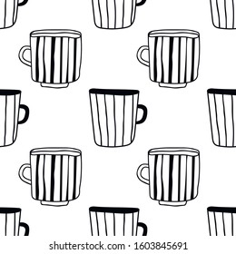 Black and white illustration of tea or coffee mugs. Seamless pattern for coloring book or page.