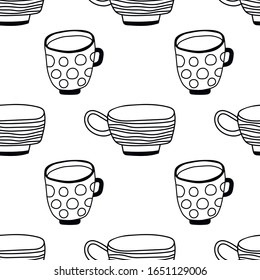 Black and white illustration of tea cups or coffee mugs. Seamless pattern for coloring book and page.