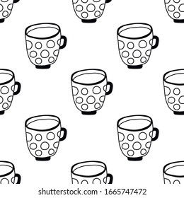 Black and white illustration of tea cups or coffee mugs. Seamless pattern for coloring book and page.