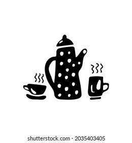 Black and white illustration of a tea set, kitchen ware, utensils. Doodle vector design for web and print. 