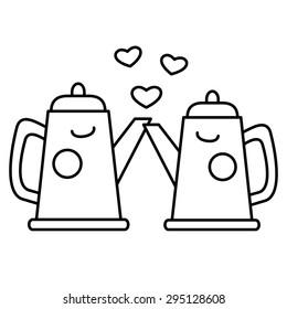 Black and white illustration of teapots in love. Vector.