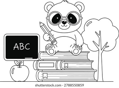 A black and white illustration of a teddy bear with glasses sitting on stack of books next to a chalkboard and apple
