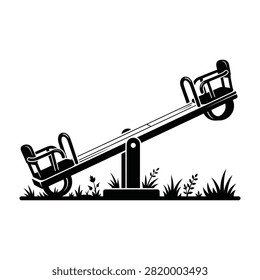 Black and white illustration of teeter totter in park with grass