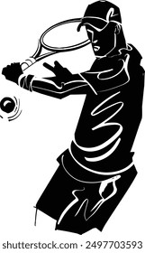 black and white illustration of a tennis player with tennis racket