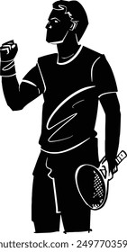 black and white illustration of a tennis player with tennis racket