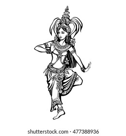 black and white illustration of a Thai dancer in oriental costume, the silhouette of a beautiful Indian woman in a dance, eastern princess in a smart suit with a crown