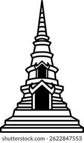 black and white illustration of thai temple pagoda