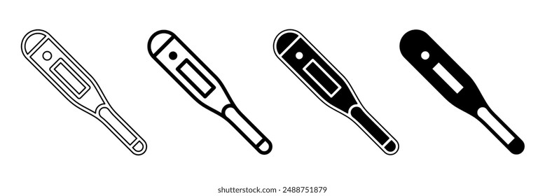 Black and white illustration of a thermometer. Thermometer icon collection with line. Stock vector illustration.