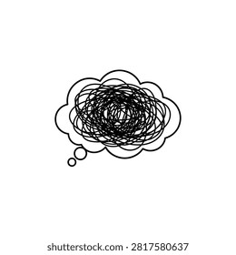 A black and white illustration of a thought bubble filled with chaotic scribbled lines, representing confusion or a muddled mind.