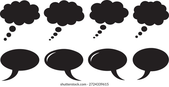 Ilustración en blanco y negro de burbujas de pensamiento y burbujas de discurso en una fila sobre un fondo blanco liso.