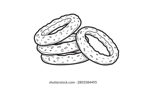 A black and white illustration of three bagels stacked on top of each other with sesame seeds