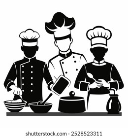 A black and white illustration of three chefs preparing a meal.  The chefs are wearing traditional uniforms, and they are all focused on their tasks.