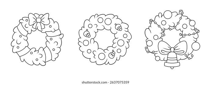 Black and white illustration of three decorative Christmas wreaths with bows, ornaments, and holiday elements for coloring activities.