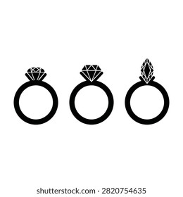 Black and white illustration of three diamond rings with prong settings