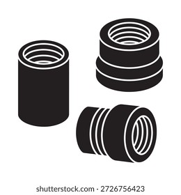 Black and white illustration of three different cylindrical mechanical parts