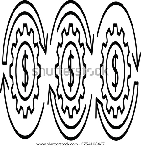 A black and white illustration of three gear icons interconnected in a circular process with dollar signs at their centers.