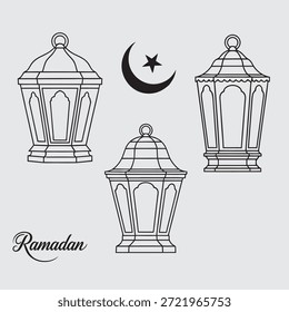 Ilustración en blanco y negro de tres faroles y una luna creciente con estrella, que simboliza el Ramadán.