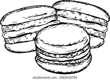 Black and white illustration of three macarons, drawn in a detailed sketch style. Ideal for confectionery, bakery branding, menu design, Valentine s Day or festive decorations. Perfect for card, label