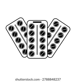 Black and white illustration of three pill blister packs arranged in triangle formation