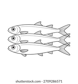 Una ilustración en blanco y negro de tres Pequeños peces plateados nadando al unísono, representados en un estilo simple de arte lineal.