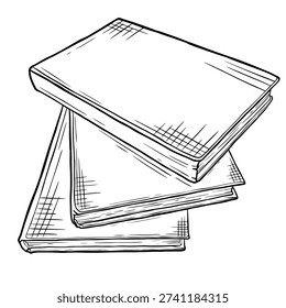 Black and white illustration of three stacked hardcover books with detailed line drawings on a plain background, emphasizing classic literary themes.