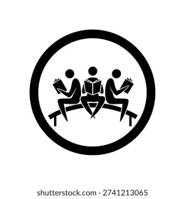 A black and white illustration of three stylized figures sitting on a bench, each engrossed in reading a book, all enclosed within a circular border.