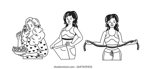 Black and white illustration of three women. One enjoys a salad. Another shows oversized pants. The third holds measuring tape. Represents weight loss and fitness.