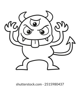 Black and white illustration of a three-eyed demon making fun of himself sticking out his tongue, clipart, Coloring Page