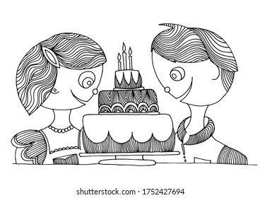 Black and white illustration of a three-tier cake with candles for a birthday, a boy and a girl. Idea for holiday invitations, for coloring books, children's art. Trace