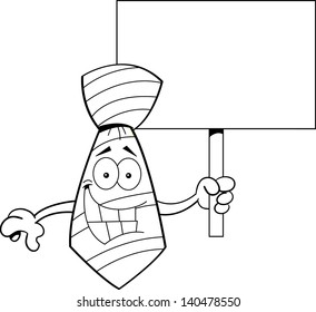 Black and white illustration of a tie holding a sign.