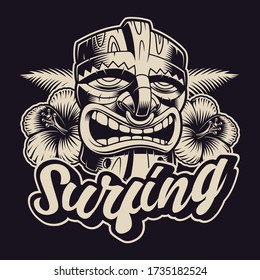Black and white illustration of tiki masks on a surf theme. This design is perfect for logos, shirt prints and many other purposes.