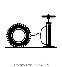 Black and white illustration of tire pump inflating car tire with air hose attached