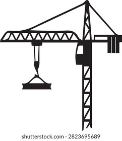 Black and white illustration of a tower crane lifting a rectangular load with transparent background
