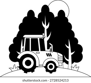 black and white illustration of A tractor is driving through a field