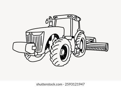 Black and white illustration of a tractor. The tractor has large wheels and a detailed design. This tractor drawing is simple and ideal for coloring. Vector illustration.