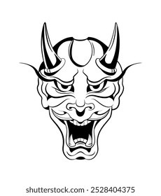 Ilustración en blanco y negro de una máscara de demonio Hannya tradicional japonesa con características afiladas y cuernos. Arte de la calle, tatuaje flash brutalismo, ilustración en blanco y negro, gráfico de Vector aislado