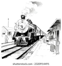 Ilustración en blanco y negro de un tren llegó a la estación.