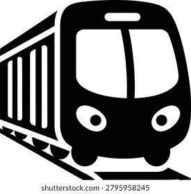 A black and white illustration of a train with a modern design, featuring a large windshield and a sleek body, sitting on train tracks, depicted in a simple yet detailed style.