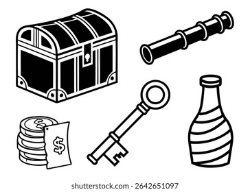 Black and white illustration of treasure chest telescope key coins and bottle elements