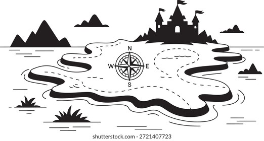Una ilustración en blanco y negro de un mapa del tesoro con un castillo, brújula y líneas onduladas en el mapa del tesoro acuático, mapa vintage